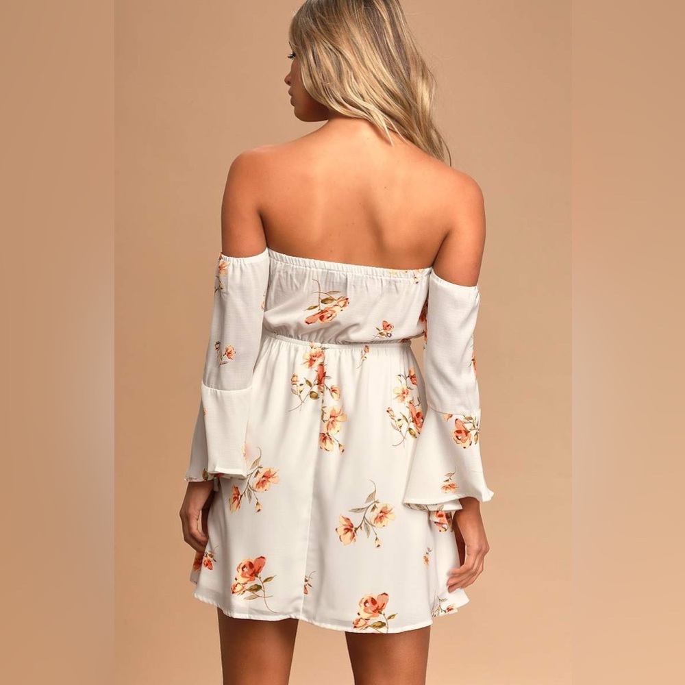Lulus Lush Gardens Ivory Floral Print Off-The-Shoulder Mini Dress Women’s Size S - Picture 2 of 10